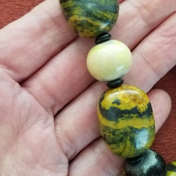 OOAK Yellow Turquoise, Raku Clay and Sterling Silver Beaded Necklace - Picture 3 of 5
